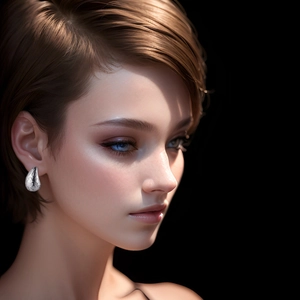 Boucles d'oreilles larmes en argent gravées de cœurs, portées avec finition brillante