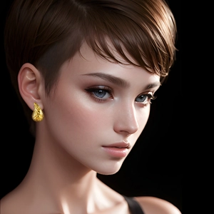 Boucles d'oreilles gouttes d'eau martelées dorées 18 carats portées sur fond noir pur