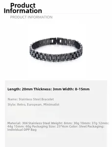 Details des schwarzen 304 Edelstahl-Armbandes im Uhrendesign mit Größen und Materialdaten