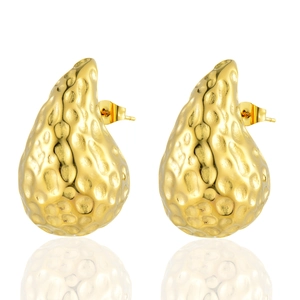 Boucles d'Oreilles Clous Goutte d'Eau Martelées en Acier Inoxydable Plaquées Or 18K Bijoux de Mode pour Femmes