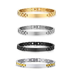 Bracelets gourmette en acier inoxydable or, argent et noir avec plaque à graver polie