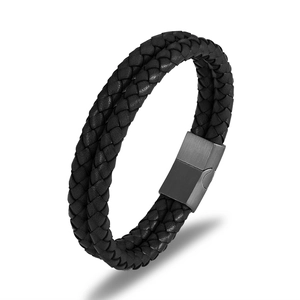 Bracelet double en cuir tressé noir pour homme et femme avec fermoir magnétique en acier