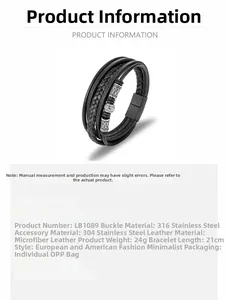 Detail of multi-layer woven leather bracelet with vintage steel beads and magnetic clasp