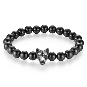 Men's black onyx beaded bracelet featuring a vintage silver stainless steel wolf head charm