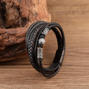 Men's multi-layer woven leather bracelet with vintage silver beads and magnetic clasp