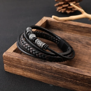 Men's multi-layer braided leather bracelet with vintage silver beads and magnetic clasp