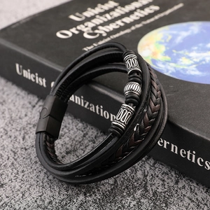 Men's punk style multi-layer braided leather bracelet with vintage silver beads and magnetic clasp
