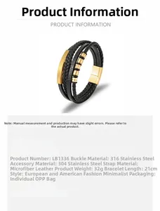 Detail view of multi-layer black leather bracelet with golden stainless steel clasp