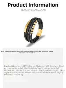 Detail of multi-layer black braided leather bracelet with golden 316L steel magnetic clasp