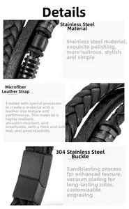 Macro detail of braided leather bracelet with brushed 304 stainless steel magnetic clasp