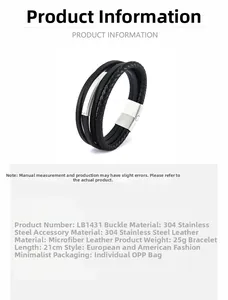 Primer plano de pulsera de cuero trenzado negro multicapa con cierre de acero inoxidable