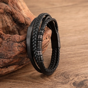 Men's multilayer black braided leather bracelet with magnetic metal clasp and beads