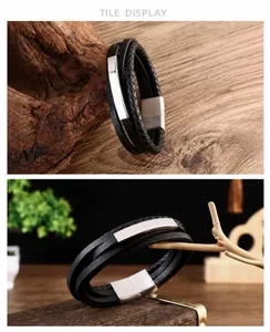 Detalle de pulsera multicapa de cuero negro trenzado con cierre de metal cepillado