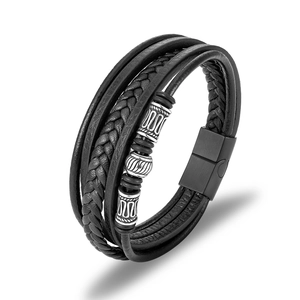 Punk Multi Layer Woven Leather Bracelet Men Stainless Steel Vintage Beads Magnetic Buckle Retro Fashion Wristband Gift