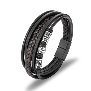 Men's multi-layer braided leather bracelet with vintage silver beads and magnetic clasp