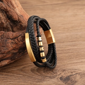 Men's multi-layer black braided leather bracelet with gold stainless steel clasp