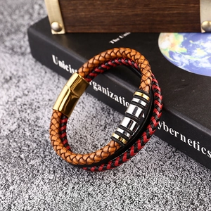 Bracelet multicouche pour homme en cuir tressé marron et noir avec fermoir doré