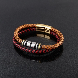 Bracelet double couche en cuir fait main pour homme avec fermoir magnétique doré
