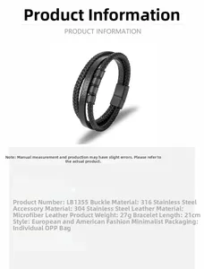Detail view of multi-layer braided leather bracelet with 316L stainless steel magnetic clasp