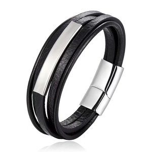 Pulsera multicapa de cuero negro para hombre con cierre magnético de acero inoxidable