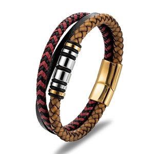 Bracelet Homme Multicouche en Cuir Véritable Tressé Avec Fermoir Magnétique en Acier Inoxydable 316 Or Punk Vintage Bijoux