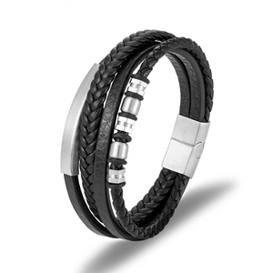 Men's multilayer black braided leather bracelet with matte silver stainless steel clasp