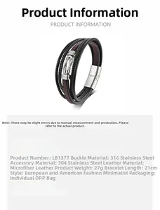 Detail of woven leather bracelet with 316L stainless steel magnetic clasp and red stitching