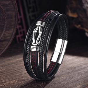 Men's multi-layer black leather bracelet with red stitching and magnetic steel clasp