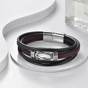 Men's multilayer black leather bracelet with red stitching and silver infinity knot