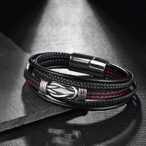 Men's multilayer black leather bracelet with red stitching and magnetic metal clasp