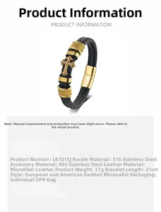 Detail view of woven black leather bracelet with golden stainless steel cross and clasp