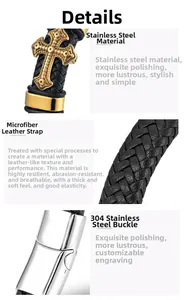 Close-up of woven black microfiber leather bracelet with golden stainless steel cross charm