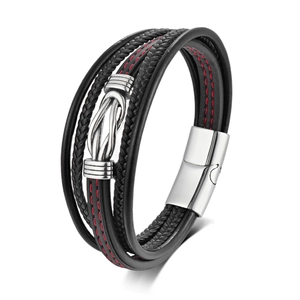 Men's Retro Punk Multi-layer Braided Microfiber Leather Bracelet With 316 Stainless Steel Magnetic Buckle Red Stitching Infinity Knot Jewelry