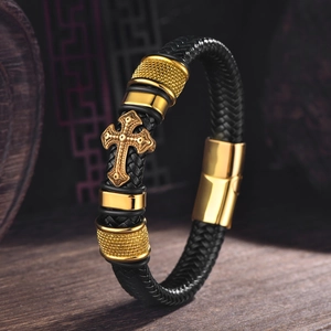Braided black leather men's bracelet with gold cross charm and polished metal buckle