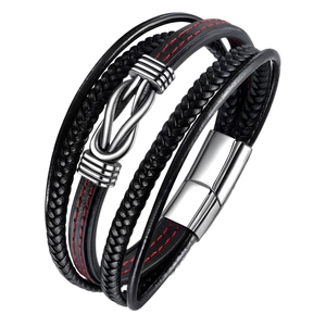 Men's multi-layer black leather bracelet with red stitching and magnetic clasp