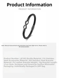 Détail du charme infini en acier inoxydable sur bracelet en cuir PU tressé noir élégant