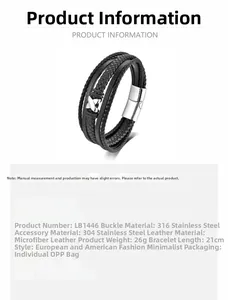 Detail view of multi-layer braided leather bracelet for men with 21cm length spec