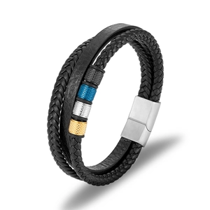 Men's multilayer braided black leather bracelet with four-color textured metal beads