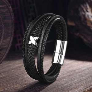Men's multilayer braided black leather bracelet with silver cross infinity metal charm