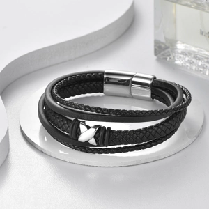Men's multilayer braided black leather bracelet with polished silver magnetic clasp