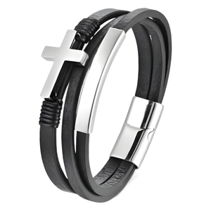 Pulsera multicapa de cuero negro para hombre con cruz de acero y cierre magnético