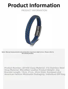 Detail view of woven leather bracelet featuring blue and black 316 stainless steel clasp