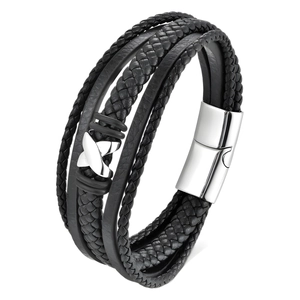 Men's multilayer braided leather bracelet with silver X-shaped metal charm and magnetic clasp