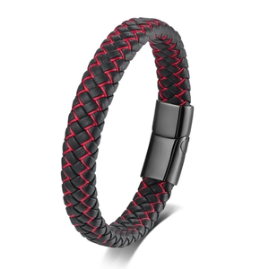 Detail of multi-layer woven black and red leather bracelet with matte metal clasp