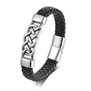 Herren Armband aus schwarzem geflochtenem Leder mit silbernem Keltenknoten