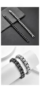 Detail of black and silver biker chain bracelets with diamond knurled texture on metal