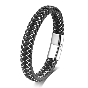 Retro multi-layer woven bracelet for men with polished silver stainless steel buckle