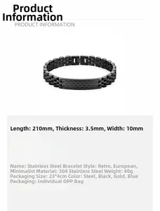 Ficha técnica detallada de pulsera de hombre en acero negro con dimensiones y medidas
