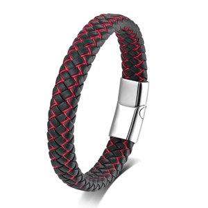 Multi-layer woven black leather bracelet for men with red stitching and silver buckle