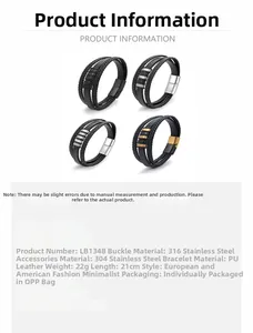Detail of 316 stainless steel magnetic clasp and PU leather multi-layer woven men's bracelet